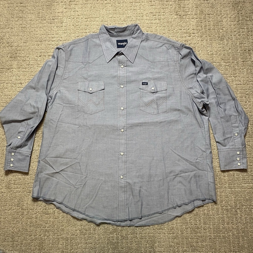 Vintage Wrangler Shirt Mens 19x35 Blue Chambray Pearl Snap Cowboy Western Rodeo